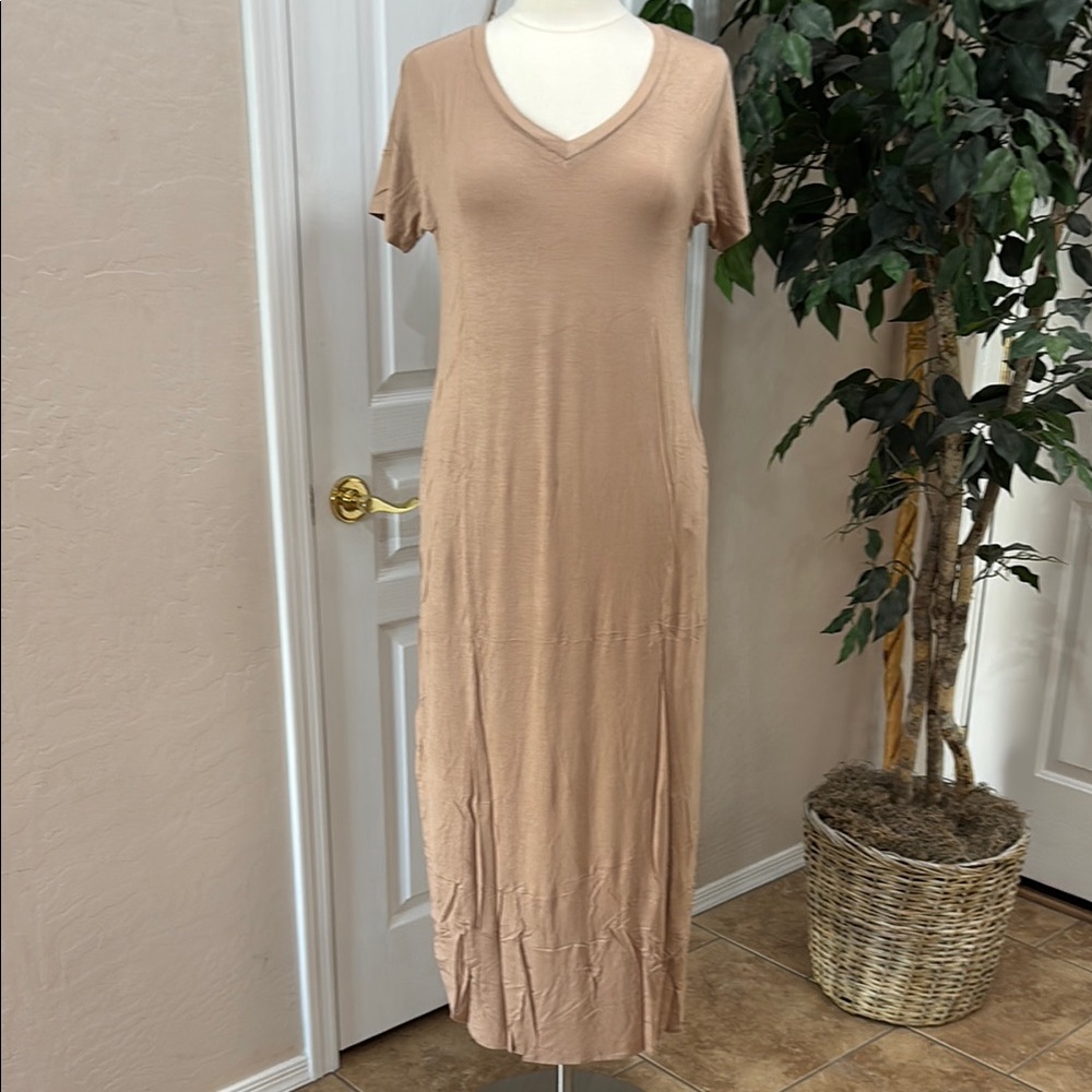 Huskary Casual Short Sleeve Maxi Dress with Pockets ~ Coffee
